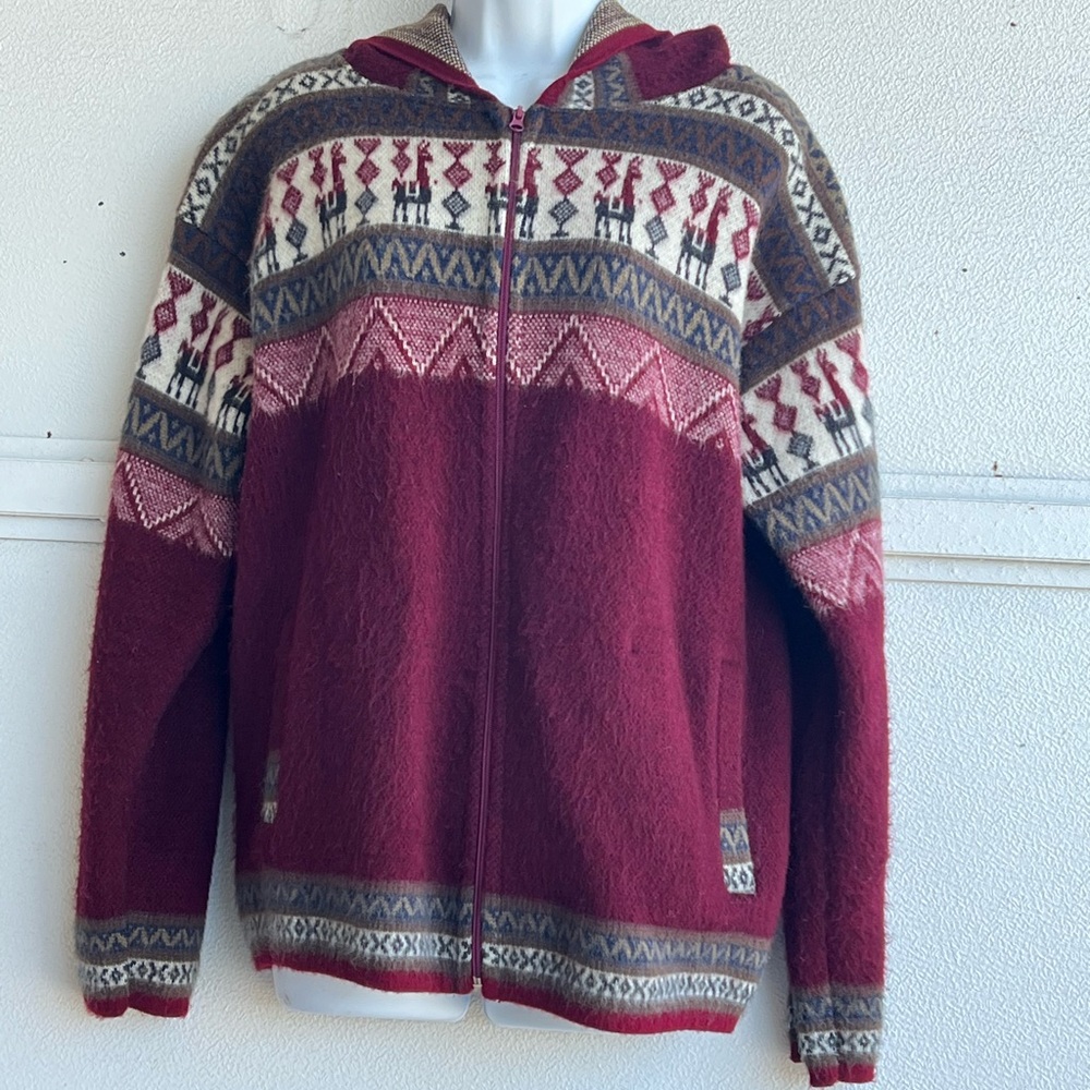 Tejidos Vintage Wool Hand Knit Cardigan Hooded Sweater Burgundy Women’s Large